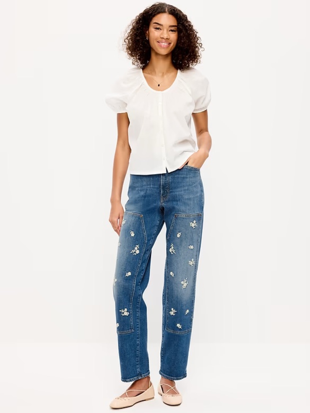 Old Navy Blue Straight-Leg Jeans with White Floral Embroidery